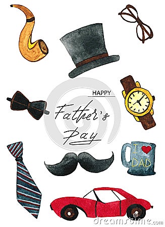 Isolated on white background watercolor set on Father`s Day - the car, hat, mustache, watches, tube, tie, mug, glasses Stock Photo