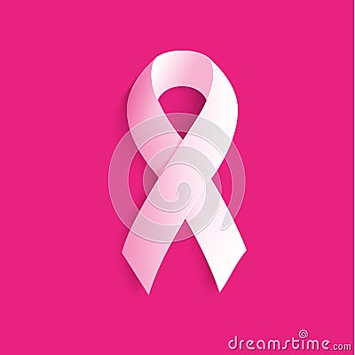 Isolated white color ribbon on the pink background logo. Against cancer logotype. Stop disease symbol. International Vector Illustration