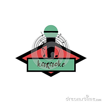 Isolated on white creative karaoke emblem, logo, flyer with green and black standing microphone and circle from notes Vector Illustration