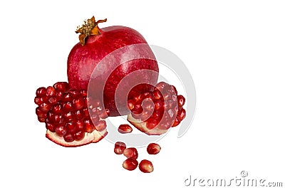 Isolated on white. Fresh ripe red pomegranate grains. Close up. Stock Photo