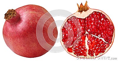 Isolated on white red pomegranate fruit. Whole pomegranate fruit and cutted half with red seeds. Healthy food concept. Food parts Stock Photo