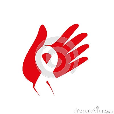 Isolated white ribbon in red human hand. Disease awareness. World Aids Day concept. Stop virus icon. International Vector Illustration