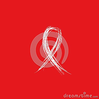 Isolated white ribbon sketch disease awareness. World Aids Day concept. Stop virus icon on red background. International Vector Illustration