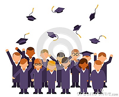 Isolated on white students crowd celebrate rejoice flying graduation hats group graduate solemn characters isolated on Vector Illustration