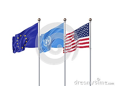 Isolated on white. Three realistic flags of European Union, USA United States of America and United Nations UN . 3d Cartoon Illustration