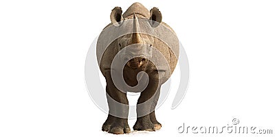 Isolated on white, wild black rhinoceros, Diceros bicornis, front view, staring at camera, standing on the rim of waterhole. Stock Photo