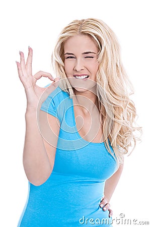 Isolated woman gesturing okay sign Stock Photo