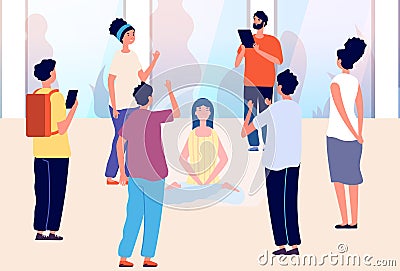 Isolated woman. Introvert vs extravert, mental calm and meditation. Girl in bubble and people around. Separation from Vector Illustration