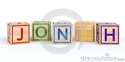 Isolated wooden toy cubes with letters with name jonah Stock Photo