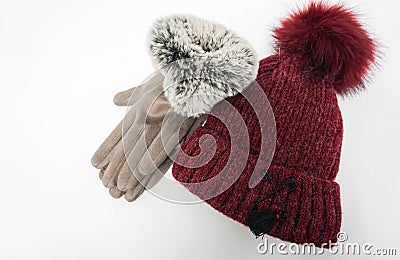 Isolated wool hat and winter women gloves Stock Photo
