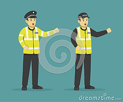 Isolated yelling angry male police officer showing his fist. Vector Illustration