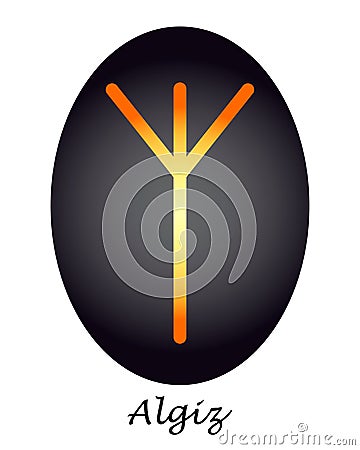 Isolated yellow Algiz rune on a dark background. Vector Illustration