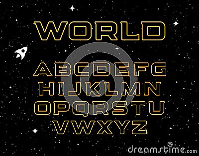 Isolated yellow color alphabet elements on black space background. Graphic illustration of cosmic font and night sky Vector Illustration