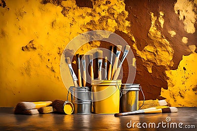 Isolated yellow paint bucket with painting brushes infront of solid color rusty wall, texture, HD background. Stock Photo