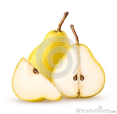 Isolated yellow pear fruits. Two pears and a piece isolated on white background with clipping path. Stock Photo