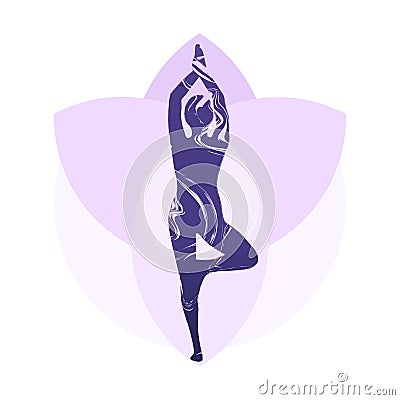 Isolated yoga label with Tree pose and flower of lotus. Isolated woman silhouette standing with abstract violet grunge paintbrus Vector Illustration