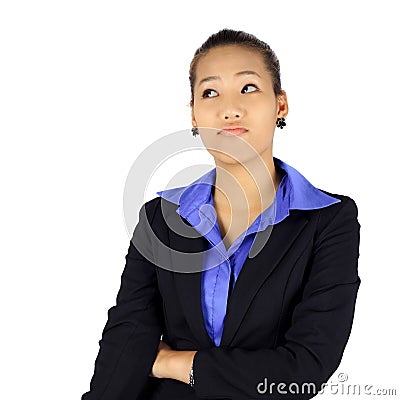 Young business woman with a look of hesitation on white Stock Photo