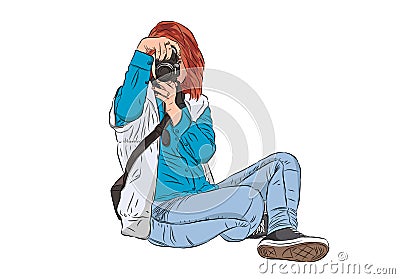 isolated young woman photographer taking photos using her digital camera Vector Illustration
