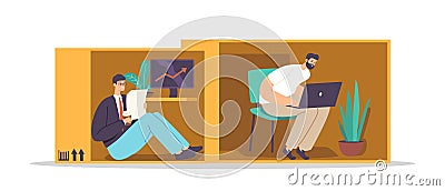 Isolation, Introversion Concept. Male Characters inside of Tiny Cramped Room. Introvert People in Small Box Businessman Vector Illustration