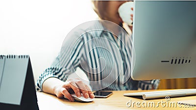 Isolation manager working at office workplace, hands using computer mouse at home interior, social dinstance work process concept Stock Photo