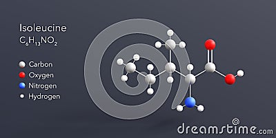 isoleucine molecule 3d rendering, flat molecular structure with chemical formula and atoms color coding Stock Photo