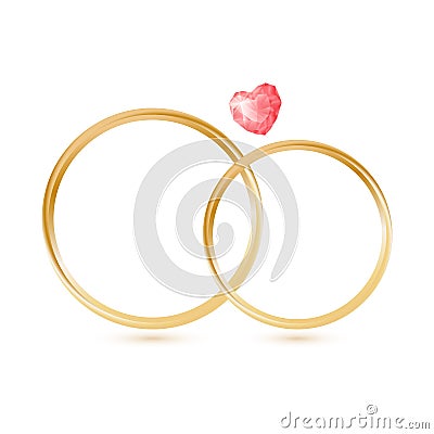 Isolted Wedding gold rings with gemstone heart shape Vector Illustration