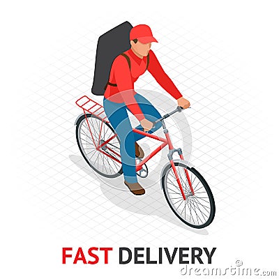 Isomeric fast delivery concept. Delivery man or cyclist in red uniform from delivery company speeding on a bike through Vector Illustration