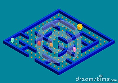 Isomeric Game concept with ghosts. Modern arcade video game interface design elements. Game world. Computer or mobile Vector Illustration