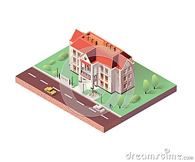 Isomertic School Building on White Background Vector Illustration