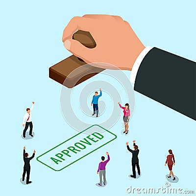 Isometirc concept Hand of business man stamping approved word on a paper. Approved stamp flat vector isometric Vector Illustration