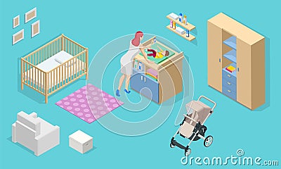 Isometirc interior furniture for baby room. Cot, changing table, chair, baby and mom. Icons of wooden furniture. Vector Illustration