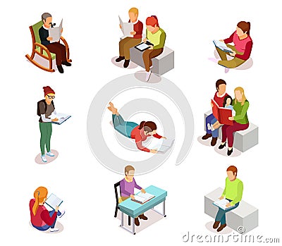 Isometirc Reading People Icon Set Vector Illustration