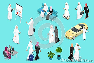 Isometirc Saudi Businessmens. Arab man and woman character set. Muslim businessman with gadgets isolated vector Vector Illustration