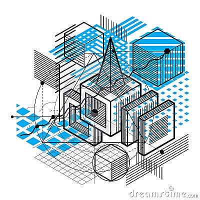 Isometric abstract background with linear dimensional shapes, vector 3d mesh elements. Composition of cubes, hexagons, squares, r Vector Illustration