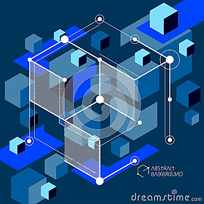 Isometric abstract dark blue background with linear dimensional cube shapes, vector 3d mesh elements. Layout of cubes, hexagons, Vector Illustration