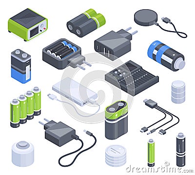 Isometric accumulators, battery, charging plugs and adapters. Electricity power chargers, gadget charging equipment 3d vector Vector Illustration