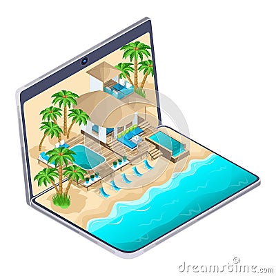 Isometric advertisement of the resort on the maldives on a laptop, a bright advertising travel concept a luxurious hotel Vector Illustration