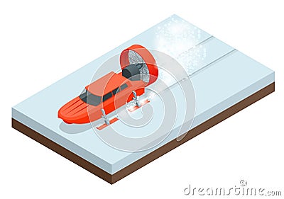 Isometric Aerosani, propeller-driven snowmobile, running on skis, used for communications, mail deliveries, medical aid Vector Illustration