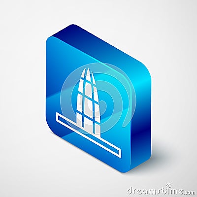 Isometric Agbar tower icon isolated on grey background. Barcelona, Spain. Blue square button. Vector Vector Illustration