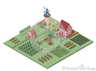 Isometric Agricultural Landscape Template Vector Illustration