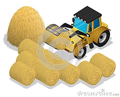 Isometric agricultural tractor with clamping tongs loading rolls of straw. Transport and equipment for agriculture. Realistic Vector Illustration