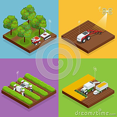 Isometric agriculture automatic guided robots harvest fruit from trees and harvest berries, combined harvester-thresher Vector Illustration