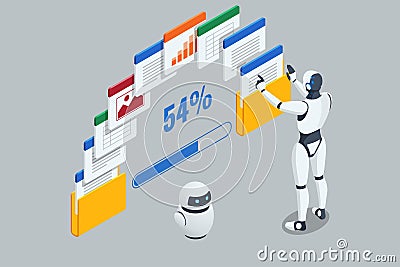 Isometric AI Artificial Intelligence. An AI-driven robot processes business analytics data with precision. It identifies Vector Illustration