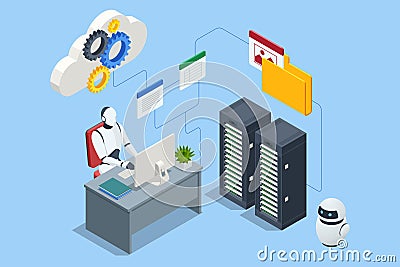 Isometric AI Artificial Intelligence. A robot equipped with artificial intelligence excels in business analytics. It Vector Illustration