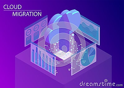 Cloud migration concept with symbol of floating cloud and upload arrow as isometric 3d vector illustration Vector Illustration