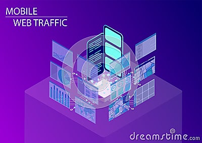 Mobile web traffic and monitoring of internet surfing concept. 3d isometric vector illustration with floating smartphones Vector Illustration