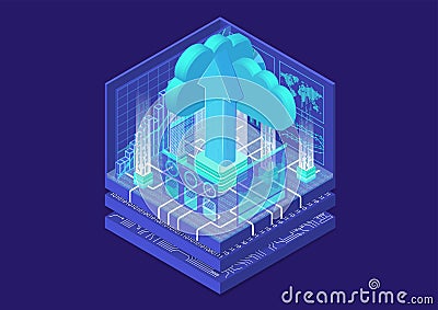 Cloud transformation concept with symbol of floating cloud and upload arrow as isometric 3d vector illustration Cartoon Illustration