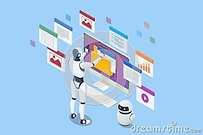 Isometric AI-powered robot ensuring information privacy through advanced cybersecurity measures. Features include secure Vector Illustration