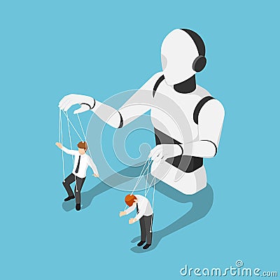 Isometric Ai robot controlling businessman like a puppet Vector Illustration