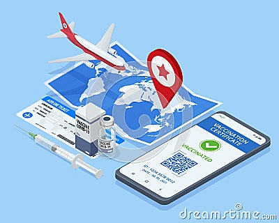 Isometric Air travel world globe airline tickets. Mobile phone with immune digital health passport for covid-19. COVID Vector Illustration